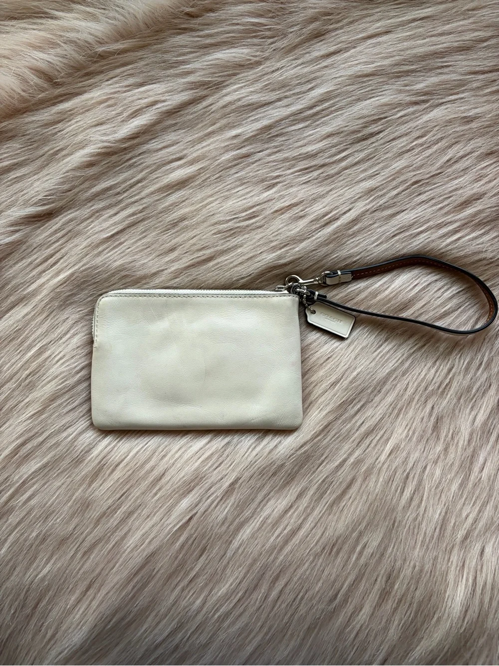 Coach Cream Leather Wristlet with Brown Trim and Silver Hardware